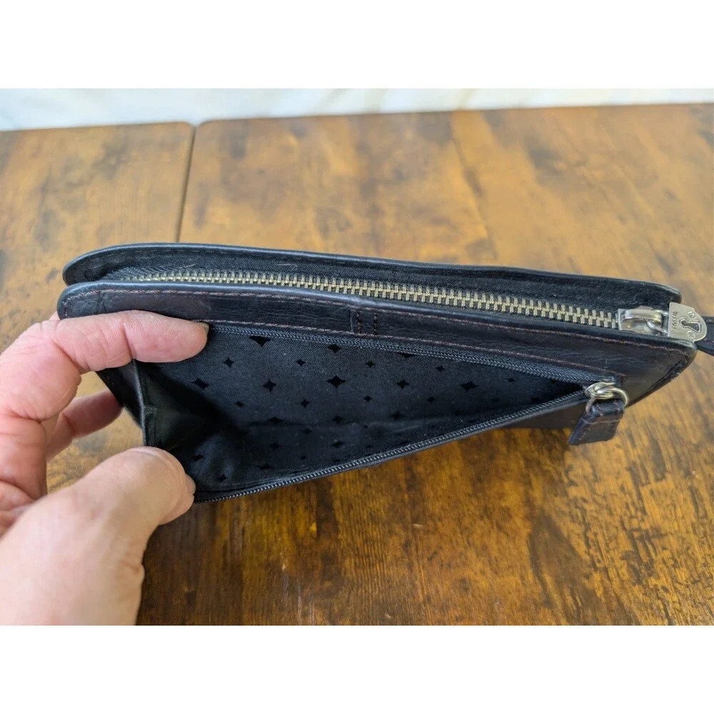 Fossil Maddox Marlow Leather Flap Clutch Wallet Black Vintage Tri-Fold Keyhole